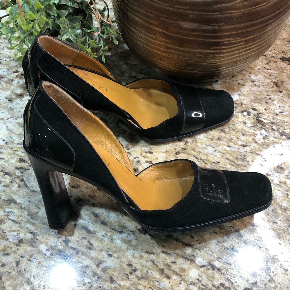 GUCCI Patent Leather Suede Black D'Orsay Square Toe Block Heel Pumps 5.5